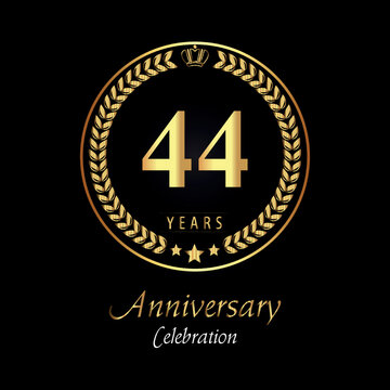 44th anniversary logo with golden laurel wreaths, gold crown, and gold star isolated on black background. Premium design for happy birthday, weddings, greetings card, poster, graduation, ceremony.