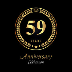 59th anniversary logo with golden laurel wreaths, gold crown, and gold star isolated on black background. Premium design for happy birthday, weddings, greetings card, poster, graduation, ceremony.