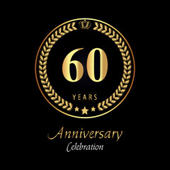 60th anniversary logo with golden laurel wreaths, gold crown, and gold star isolated on black background. Premium design for happy birthday, weddings, greetings card, poster, graduation, ceremony.