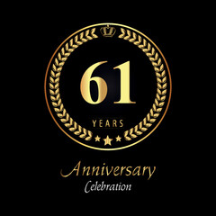 Fototapeta premium 61th anniversary logo with golden laurel wreaths, gold crown, and gold star isolated on black background. Premium design for happy birthday, weddings, greetings card, poster, graduation, ceremony.