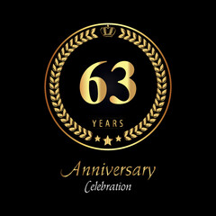 63th anniversary logo with golden laurel wreaths, gold crown, and gold star isolated on black background. Premium design for happy birthday, weddings, greetings card, poster, graduation, ceremony.