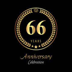 66th anniversary logo with golden laurel wreaths, gold crown, and gold star isolated on black background. Premium design for happy birthday, weddings, greetings card, poster, graduation, ceremony.