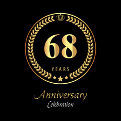 68th anniversary logo with golden laurel wreaths, gold crown, and gold star isolated on black background. Premium design for happy birthday, weddings, greetings card, poster, graduation, ceremony.