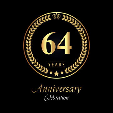 64th anniversary logo with golden laurel wreaths, gold crown, and gold star isolated on black background. Premium design for happy birthday, weddings, greetings card, poster, graduation, ceremony.