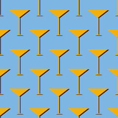 Cocktail seamless pattern in retro style. Icon martini glass with shadow. Cocktail party background. Retro design for print on fabric, wrapping paper, wallpaper, packaging. Vector illustration