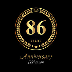 86th anniversary logo with golden laurel wreaths, gold crown, and gold star isolated on black background. Premium design for happy birthday, weddings, greetings card, poster, graduation, ceremony.