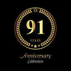 Fototapeta premium 91th anniversary logo with golden laurel wreaths, gold crown, and gold star isolated on black background. Premium design for happy birthday, weddings, greetings card, poster, graduation, ceremony.