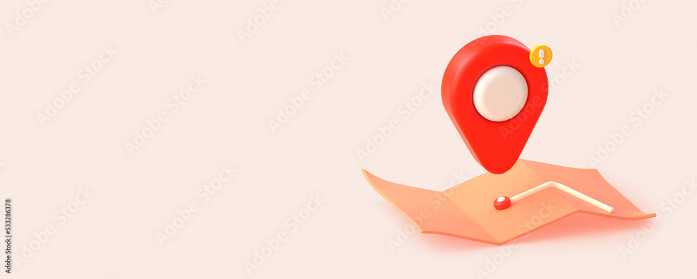 Poster 3d render map with local business gps pin. red location marker with exclamation sign and route line.