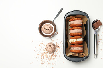 Concept of sweet food, cookies with ice cream, space for text