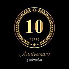 Fototapeta premium 10th anniversary logo with golden laurel wreaths, gold crown, and gold star isolated on black background. Premium design for happy birthday, weddings, greetings card, poster, graduation, ceremony.