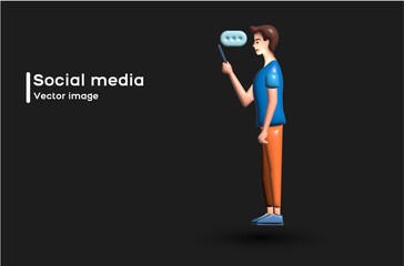 A man looks at a smartphone. Social networks, communication, 3d style