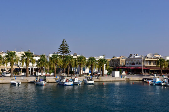 View from the sea of the port of Kardamena on the Greek island of Kos on a summer holiday day.