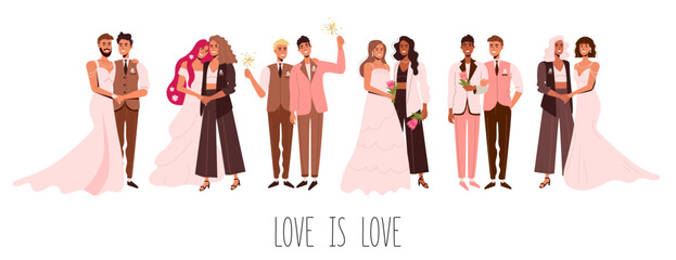 Gay and lesbian couples in love marry Love is love. LGBT community. An unconventional wedding. A man in a dress