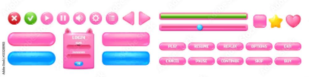 Poster game menu interface, pink and blue glossy ui buttons, progress bars, girlish design gui elements. us