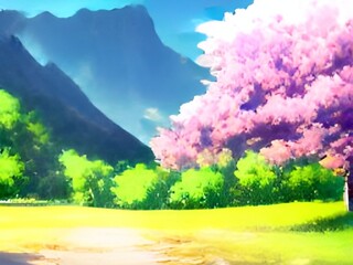 Fototapeta na wymiar Cherrybloossom and mountains Nature landscape 2D anime Background 
