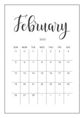 Vector Calendar Planner for February 2023. Handwritten lettering. Week Starts Sunday. Stationery Design for Printable.