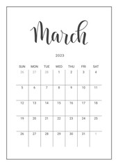 Vector Calendar Planner for March 2023. Handwritten lettering. Week Starts Sunday. Stationery Design for Printable.