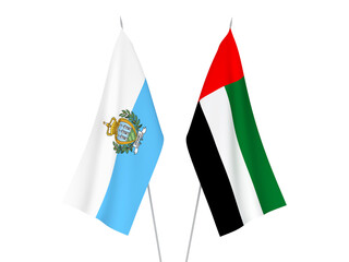 Fototapeta na wymiar National fabric flags of United Arab Emirates and San Marino isolated on white background. 3d rendering illustration.