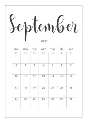 Vector Calendar Planner for September 2023. Handwritten lettering. Week Starts Sunday. Stationery Design for Printable.