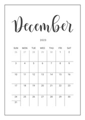 Vector Calendar Planner for December 2023. Handwritten lettering. Week Starts Sunday. Stationery Design for Printable.