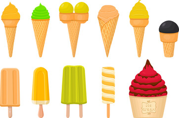big kit ice cream popsicle different types in cone waffle cup