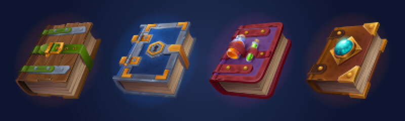 Magic spell books, fantasy alchemy grimoires, closed wizard diary. Witchcraft fairy tale game ancient gui objects, volumes with esoteric recipes and mystic enchantments Cartoon Vector illustration set