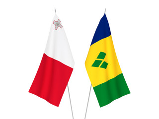 National fabric flags of Saint Vincent and the Grenadines and Malta isolated on white background. 3d rendering illustration.