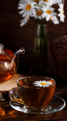 A teapot and a mug of tea on a wooden table and a bouquet of daisies