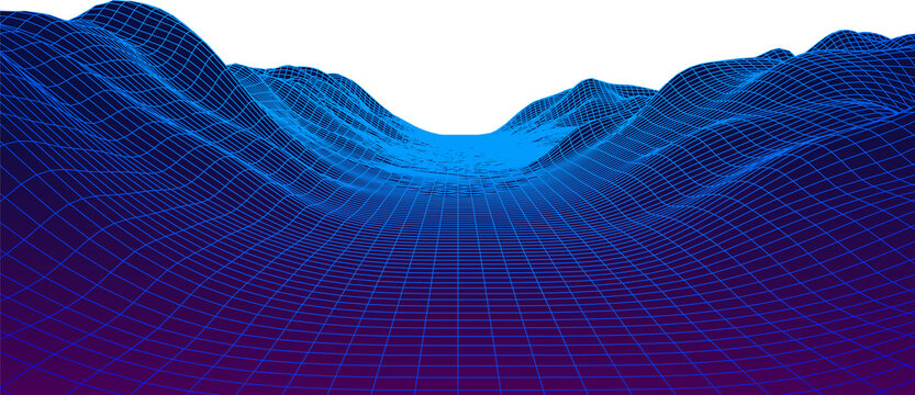 80s synthwave styled landscape with blue grid mountains or canyon