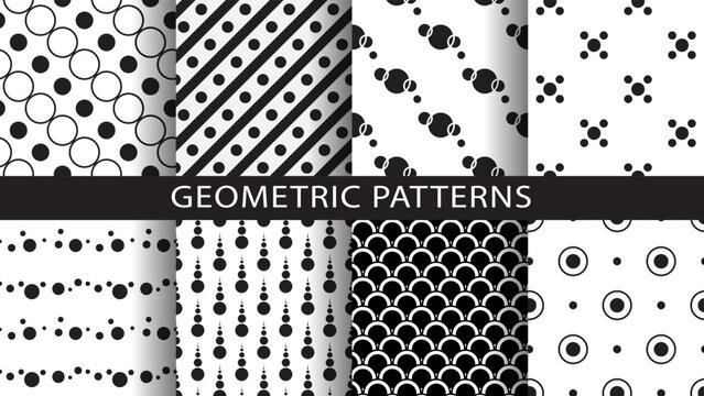 Black and white geometric seamless patterns set