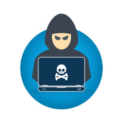 Hacker, Cyber criminal with laptop stealing user personal data. Hacker attack and web security. Cyber attack. Internet phishing concept.