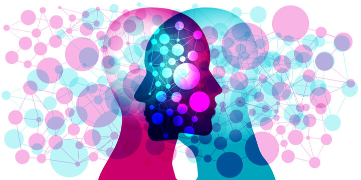 A male and female face-to-face randomly overlaid with various translucent “linked circular” shapes. Every feeling is represented by a circle, the lines link the matrix of these feelings together. 