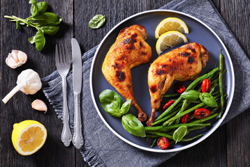 juicy roast chicken legs with green beans salad