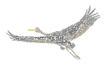 3d illustration of flapping crane made of alphabet words