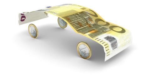 200-Euro-Schein geformt nach den Umrissen eines Autos mit 1-Euro-Mümzen als Räder