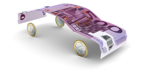 500-Euro-Schein geformt nach den Umrissen eines Autos mit 1-Euro-Mümzen als Räder