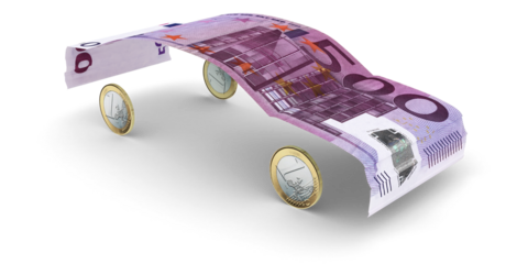 500-Euro-Schein geformt nach den Umrissen eines Autos mit 1-Euro-Mümzen als Räder