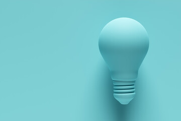 Blue light bulb on blue background. 3D rendering. Creative thinking, idea, innovation and inspiration concept
