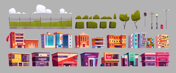 Modern city infrastructure elements set. Urban constructor kit of shopping mall, restaurant, library, pharmacy, hospital, school buildings, apartment houses, park plants. Cartoon vector illustration