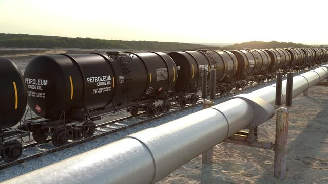 Delivery of the energy resources via railroad and gas main pipelines. Petroleum and fuel transportation with oil tanks by freight trains and lng gas supply via pipeline tubes, 4k loop 3d animation.