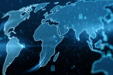 Creative glowing ecryption map hologram with padlock icons on blue backdrop. Communication, data, safety and global network concept. 3D Rendering.