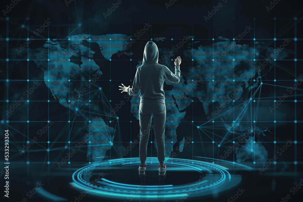 Poster back view of hacker standing in abstract interior with map hologram. business, spy, data theft, and 