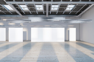 Modern concrete and wooden exhibition hall interior with empty white mock up banners and sunlight. 3D Rendering.