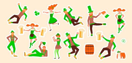 Cute leprechauns holding mugs of beer and dancing stickers set