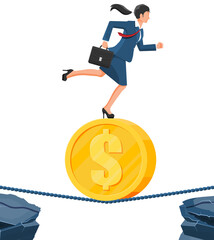 Businesswoman on coin walking on rope