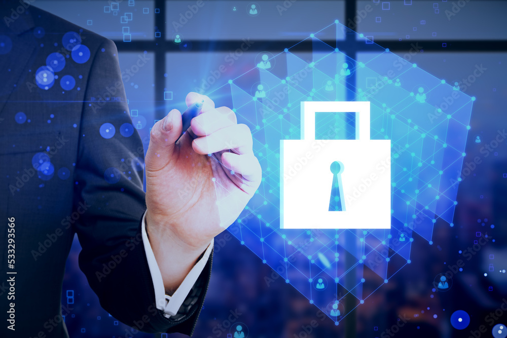 Poster Close up of businessman hand pointing at creative glowing blue padlock grid hologram on blurry bokeh background with window frame and city view. Secure, safety and web protection concept.