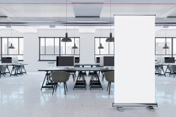 Modern white coworking office interior with empty white mock up poster, furniture, window with city view and daylight. 3D Rendering.