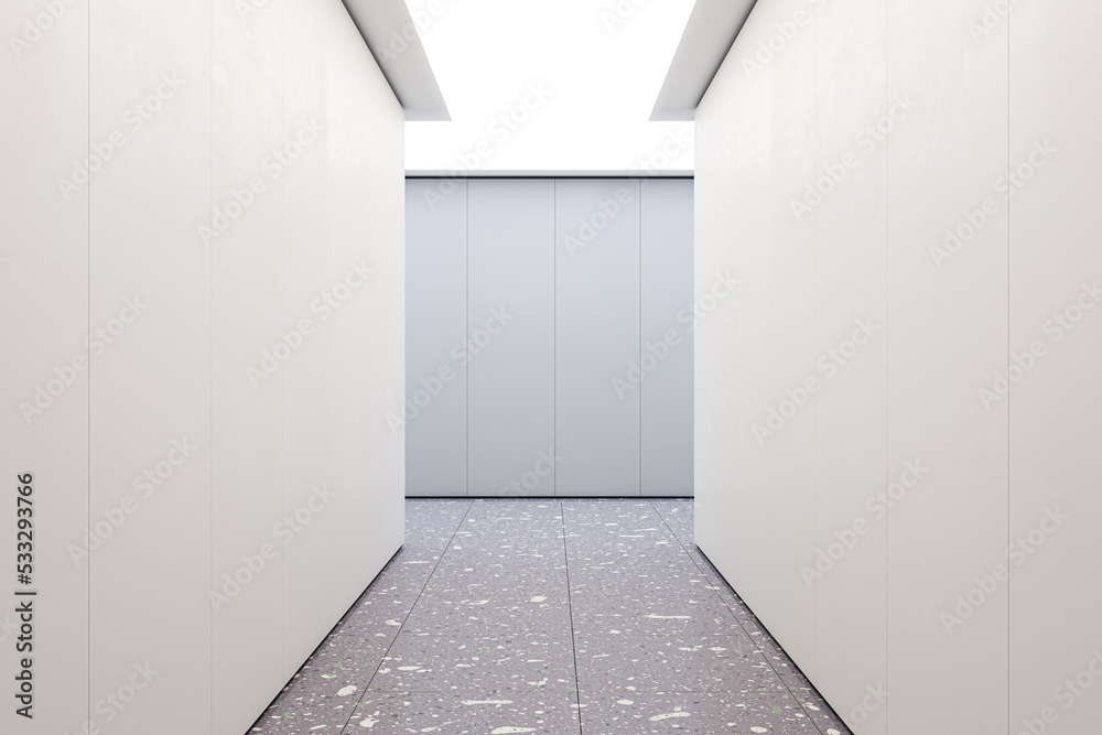 Poster Modern concrete hallway interior with mock up place on wall. Design and texture concept. 3D Rendering.