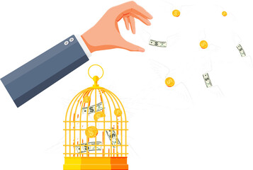 Businessman hand and cage with money