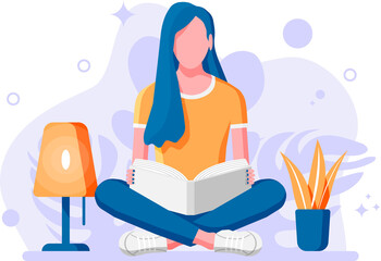 Young woman sitting cross-legged and read book.